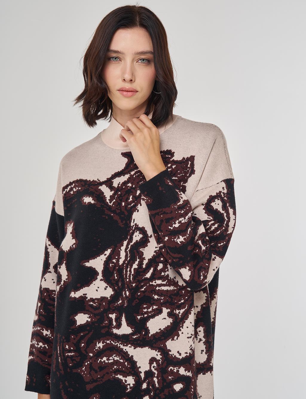 Abstract Patterned Viscose Knit Dress in Dark Coffee