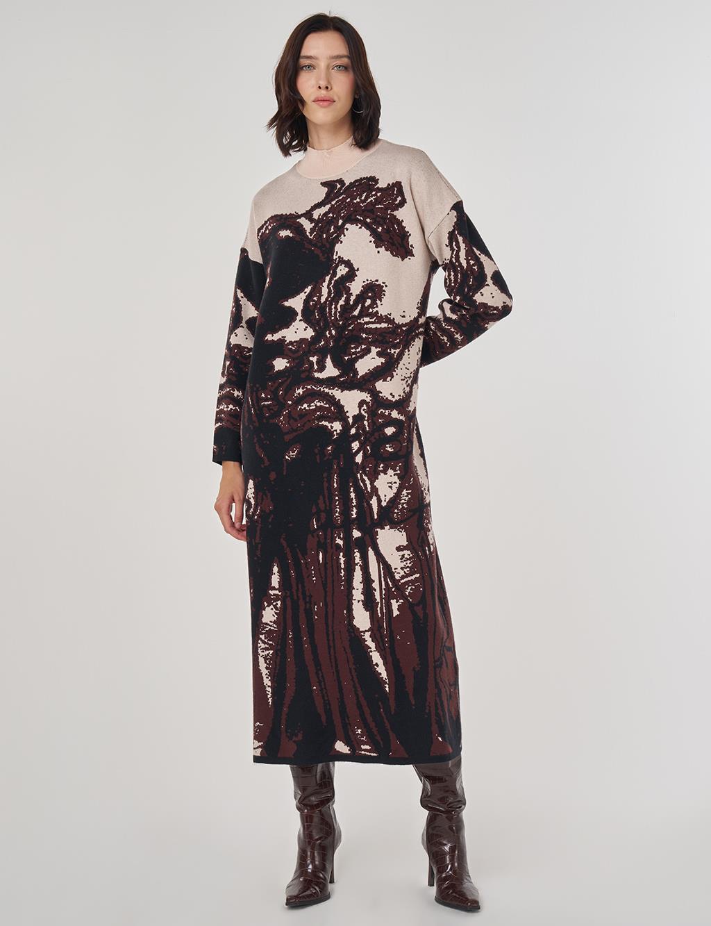 Abstract Patterned Viscose Knit Dress in Dark Coffee