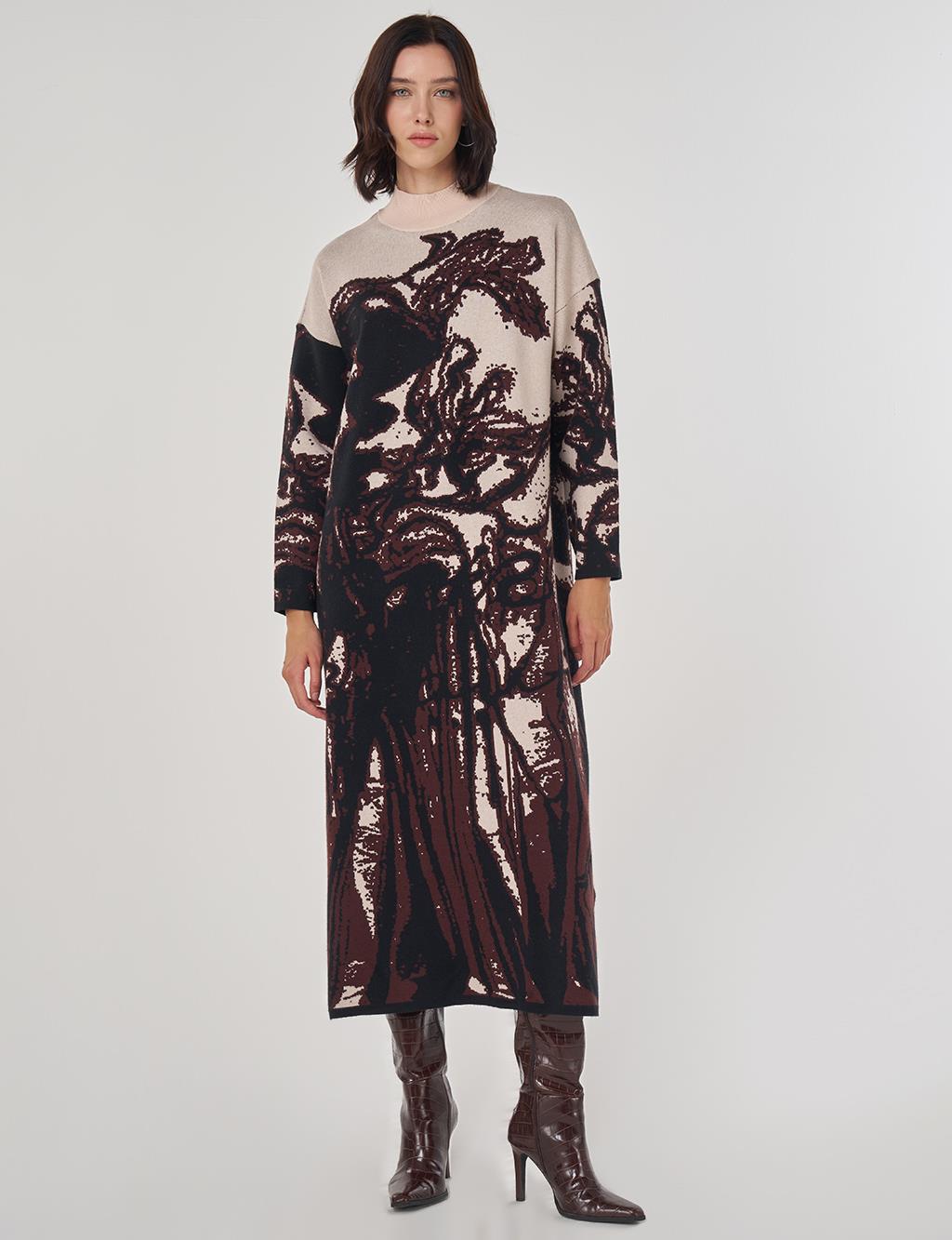 Abstract Patterned Viscose Knit Dress in Dark Coffee