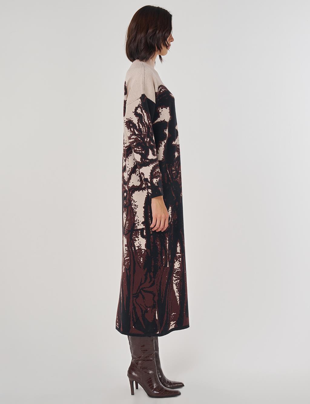 Abstract Patterned Viscose Knit Dress in Dark Coffee
