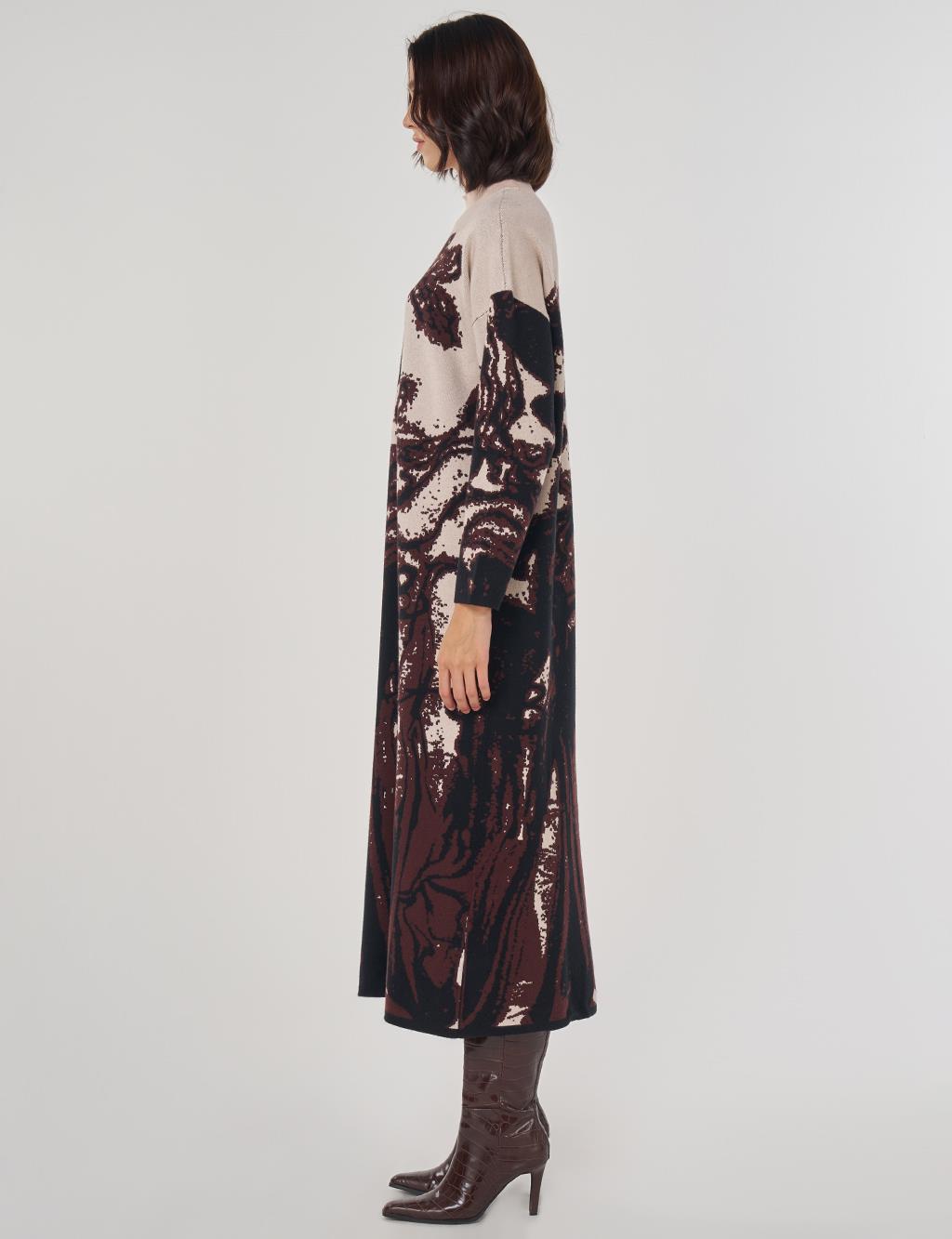 Abstract Patterned Viscose Knit Dress in Dark Coffee