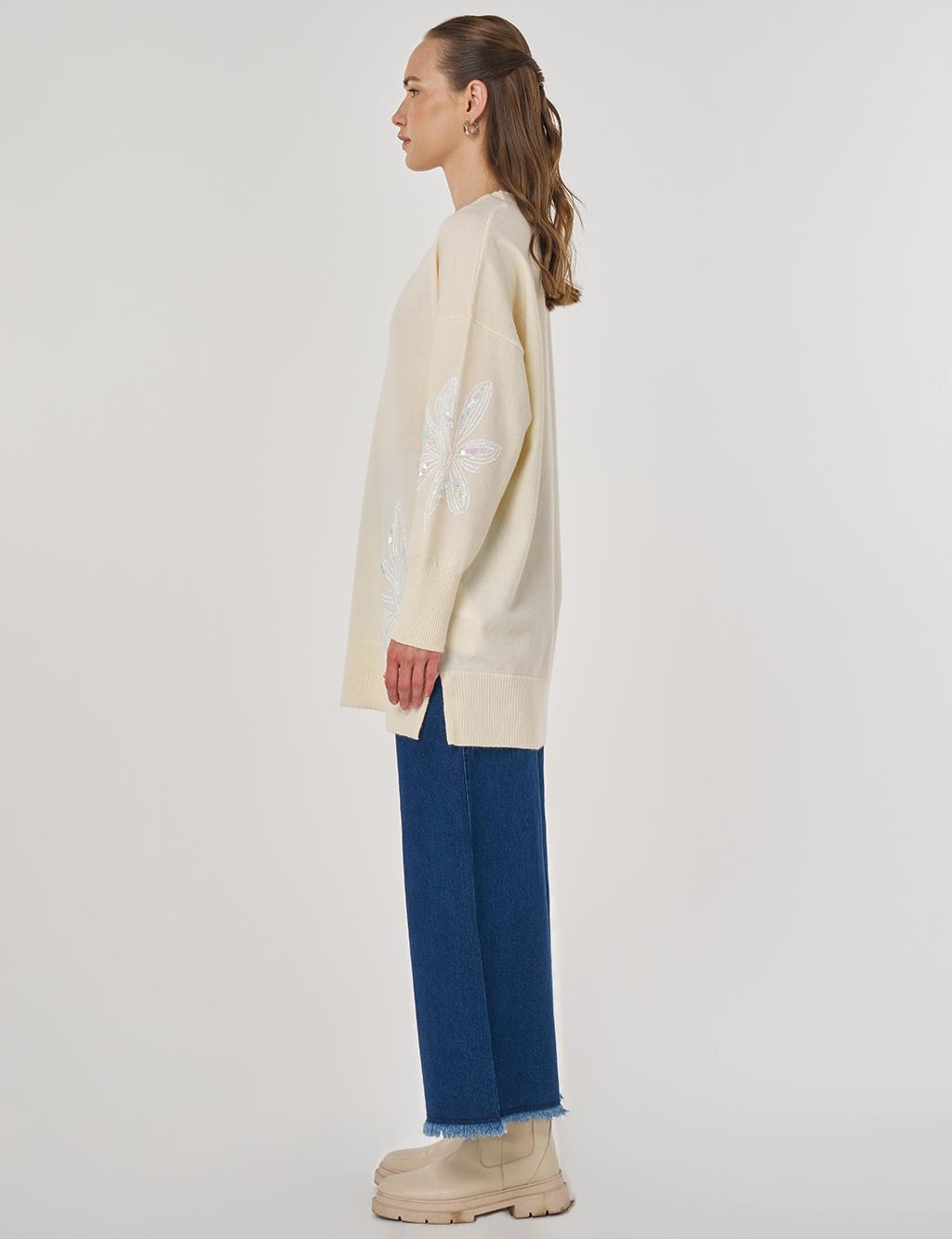 Sequin Detailed Knit Tunic in Cream