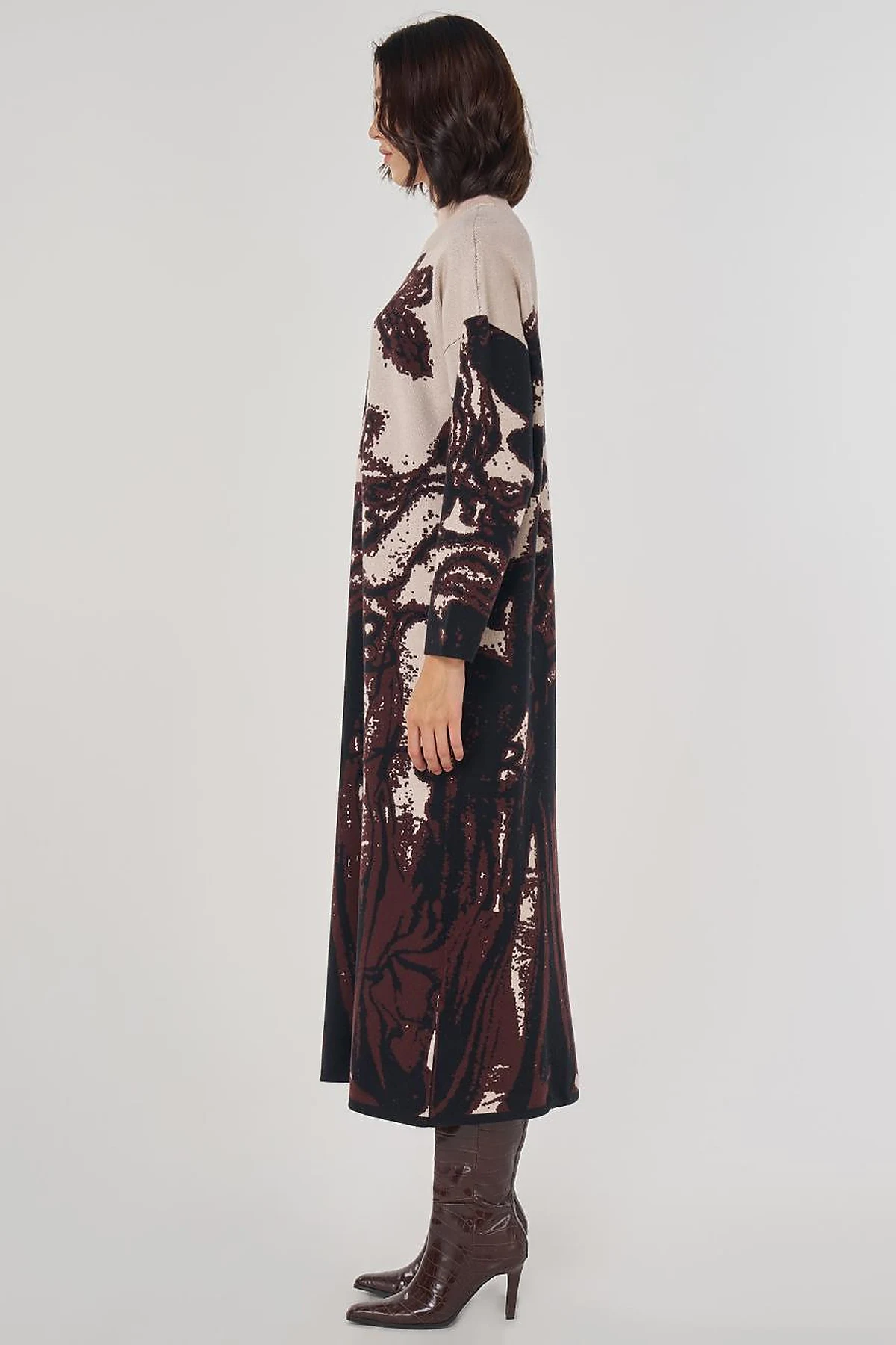 Abstract Patterned Viscose Knit Dress in Dark Coffee