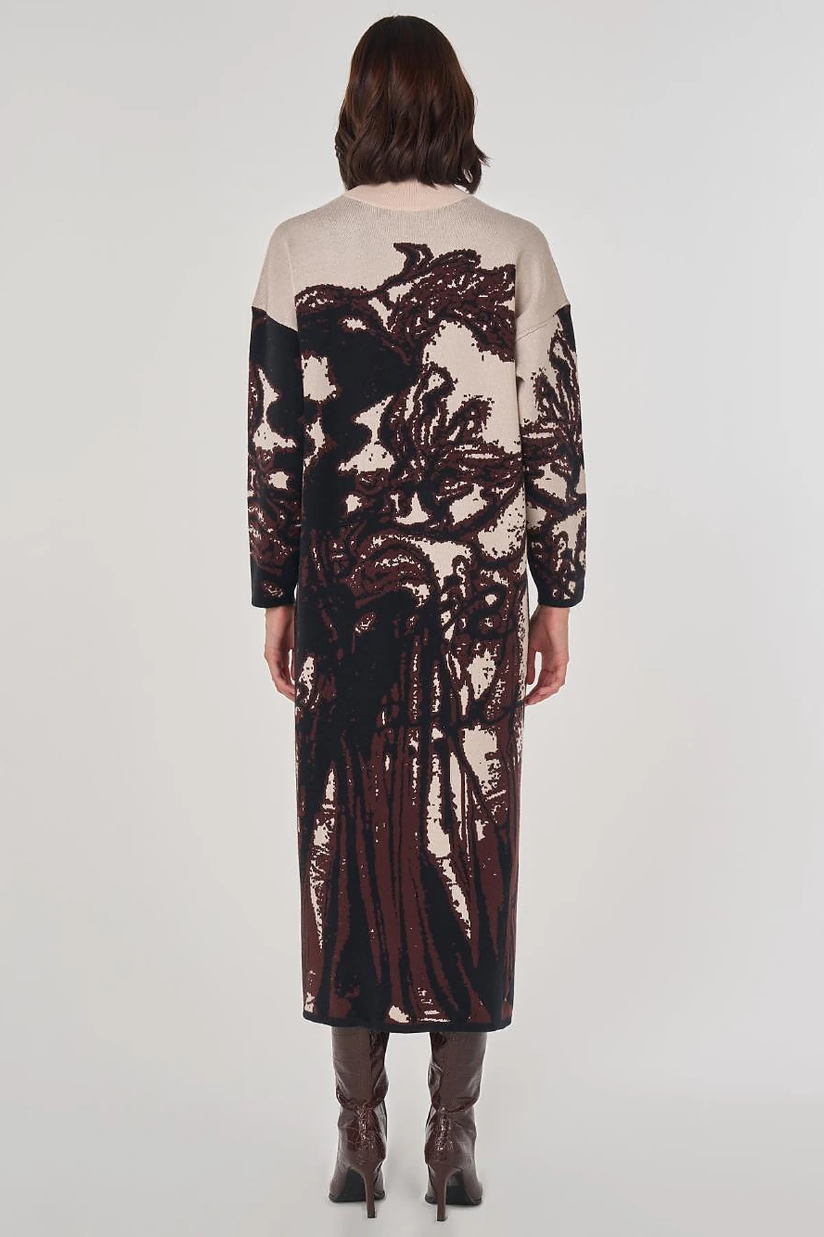 Abstract Patterned Viscose Knit Dress in Dark Coffee