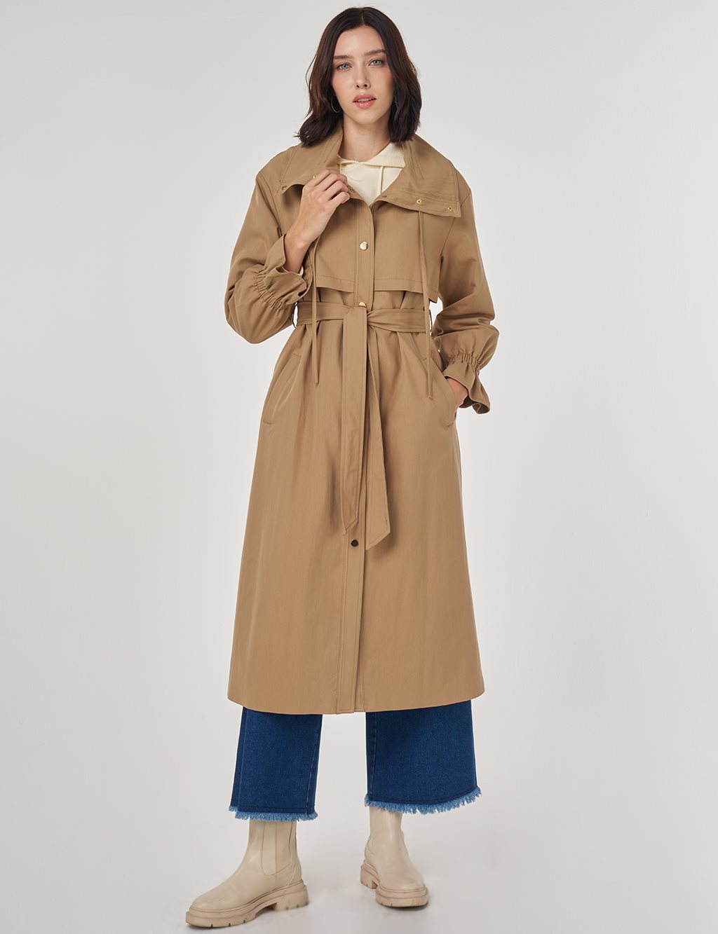 Bilek Detaylı Uzun Trençkot Bej