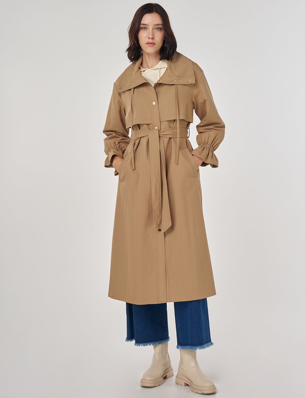 Bilek Detaylı Uzun Trençkot Bej