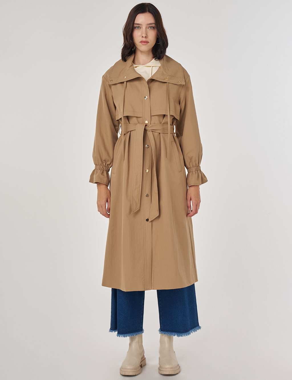 Bilek Detaylı Uzun Trençkot Bej