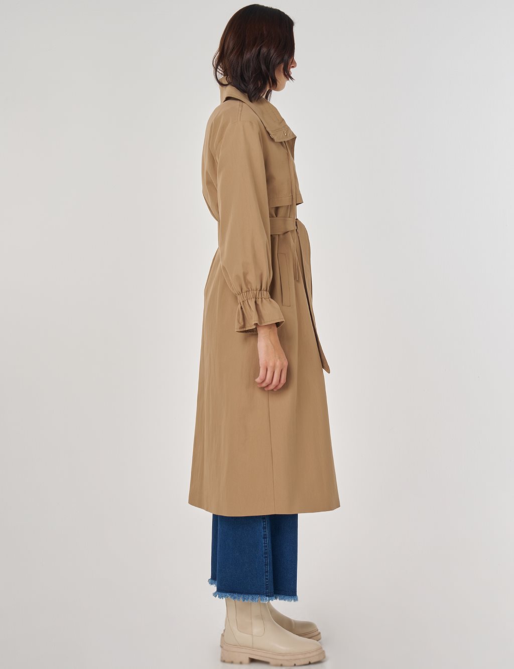 Bilek Detaylı Uzun Trençkot Bej