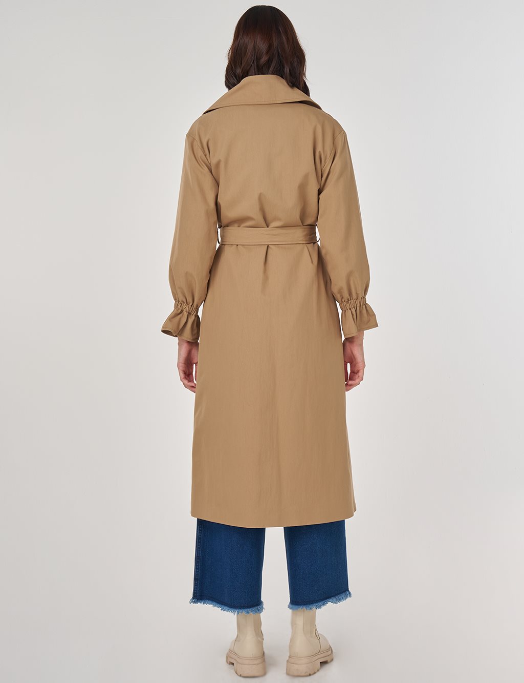 Bilek Detaylı Uzun Trençkot Bej