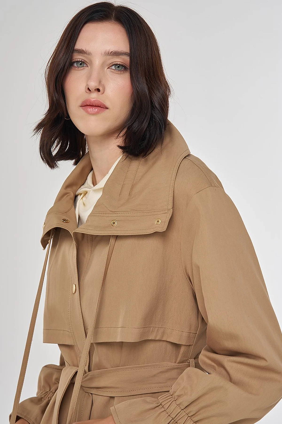Cuff Detailed Long Trench Coat Beige