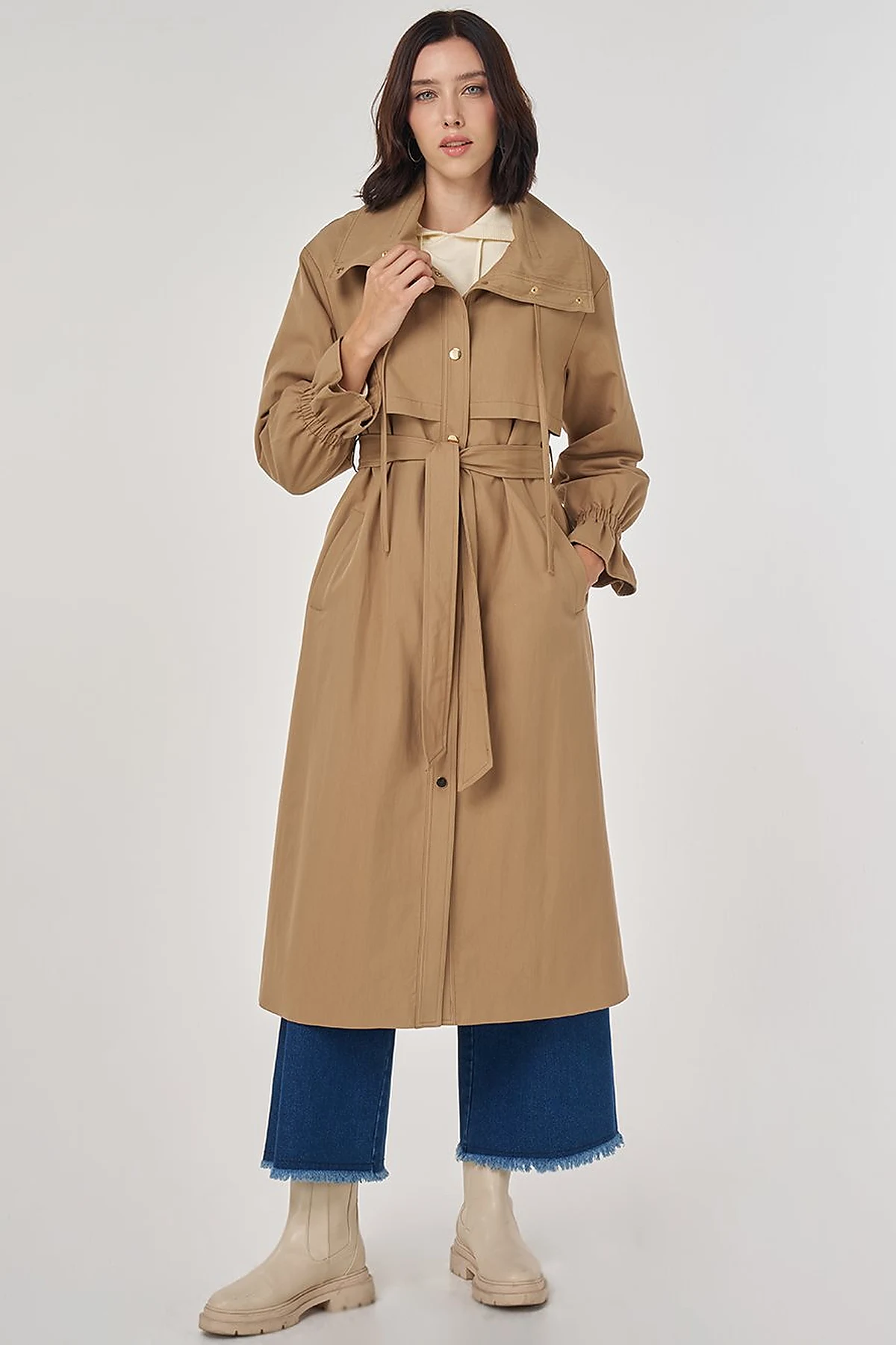 Cuff Detailed Long Trench Coat Beige