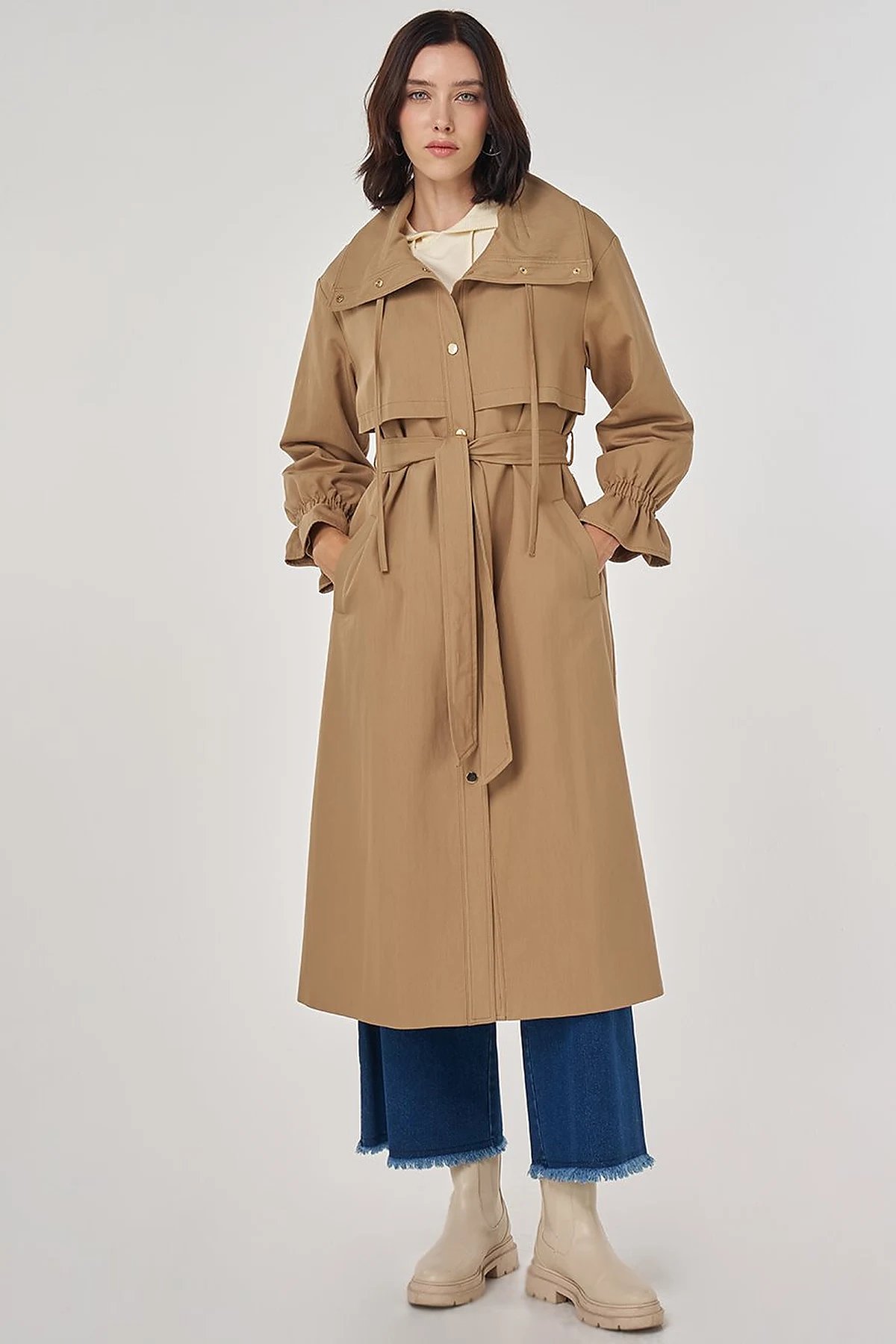Cuff Detailed Long Trench Coat Beige
