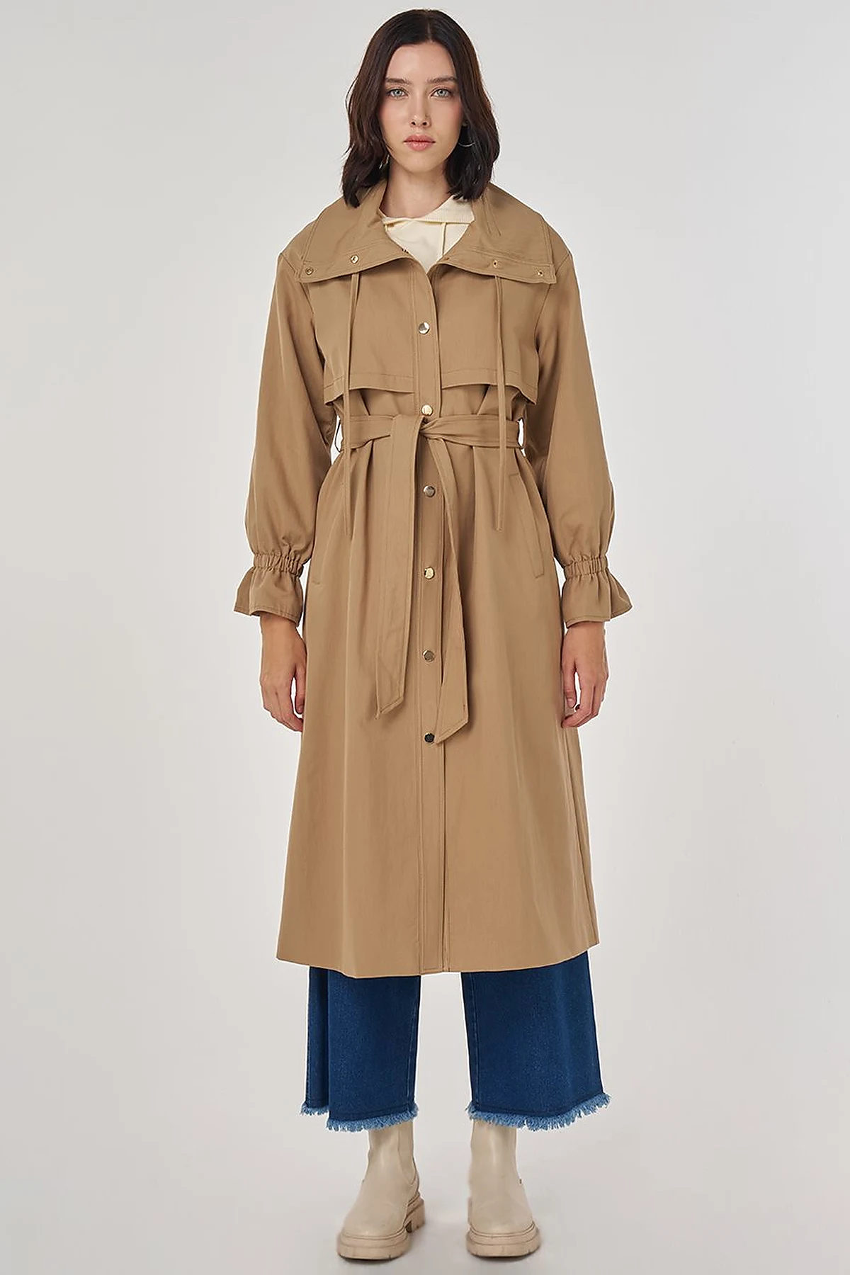 Cuff Detailed Long Trench Coat Beige
