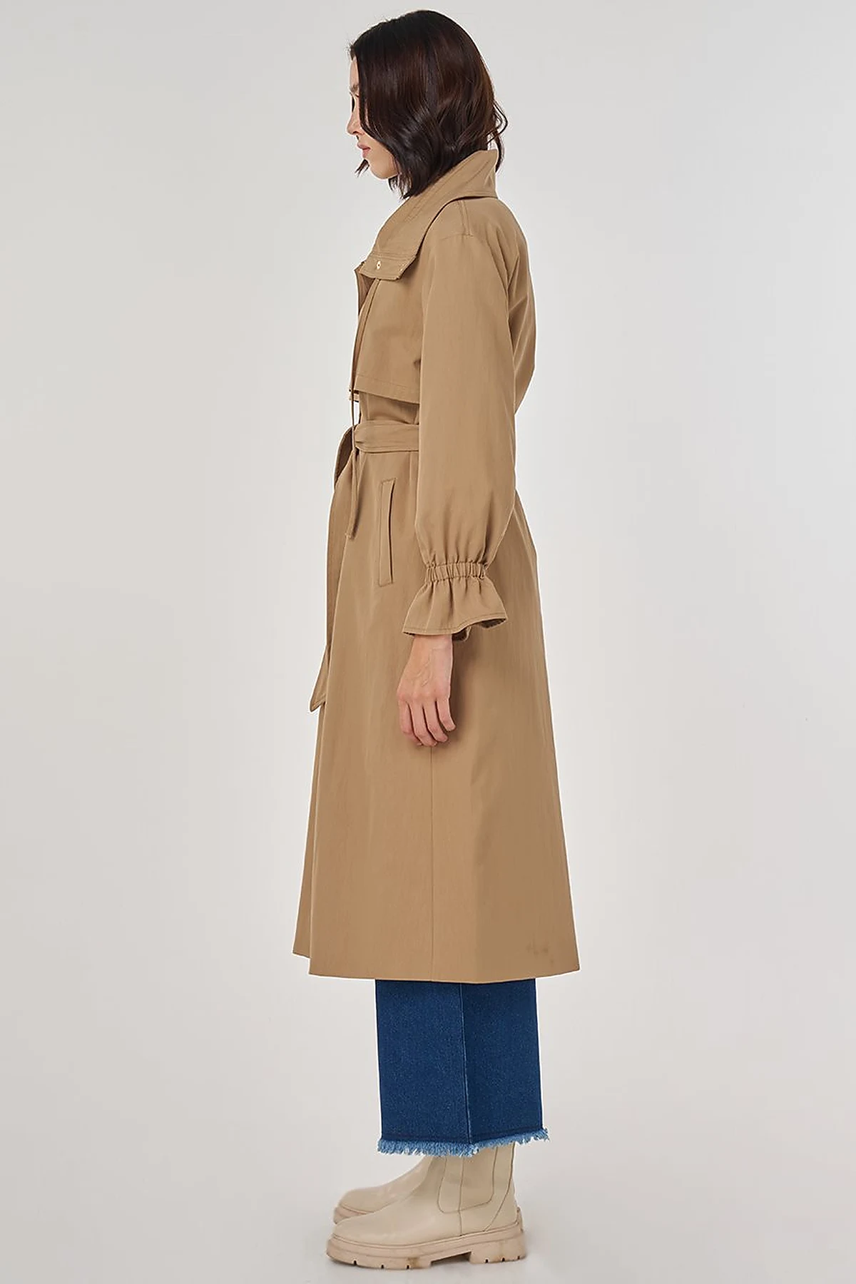 Cuff Detailed Long Trench Coat Beige