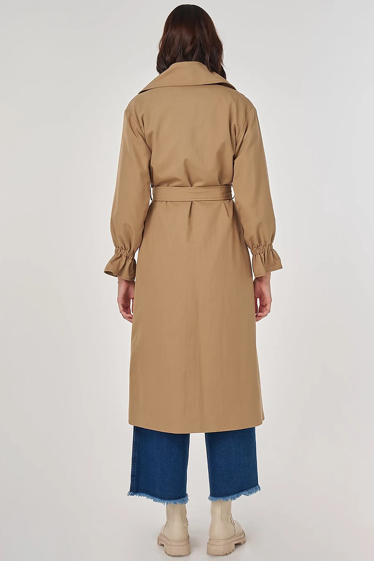 Cuff Detailed Long Trench Coat Beige