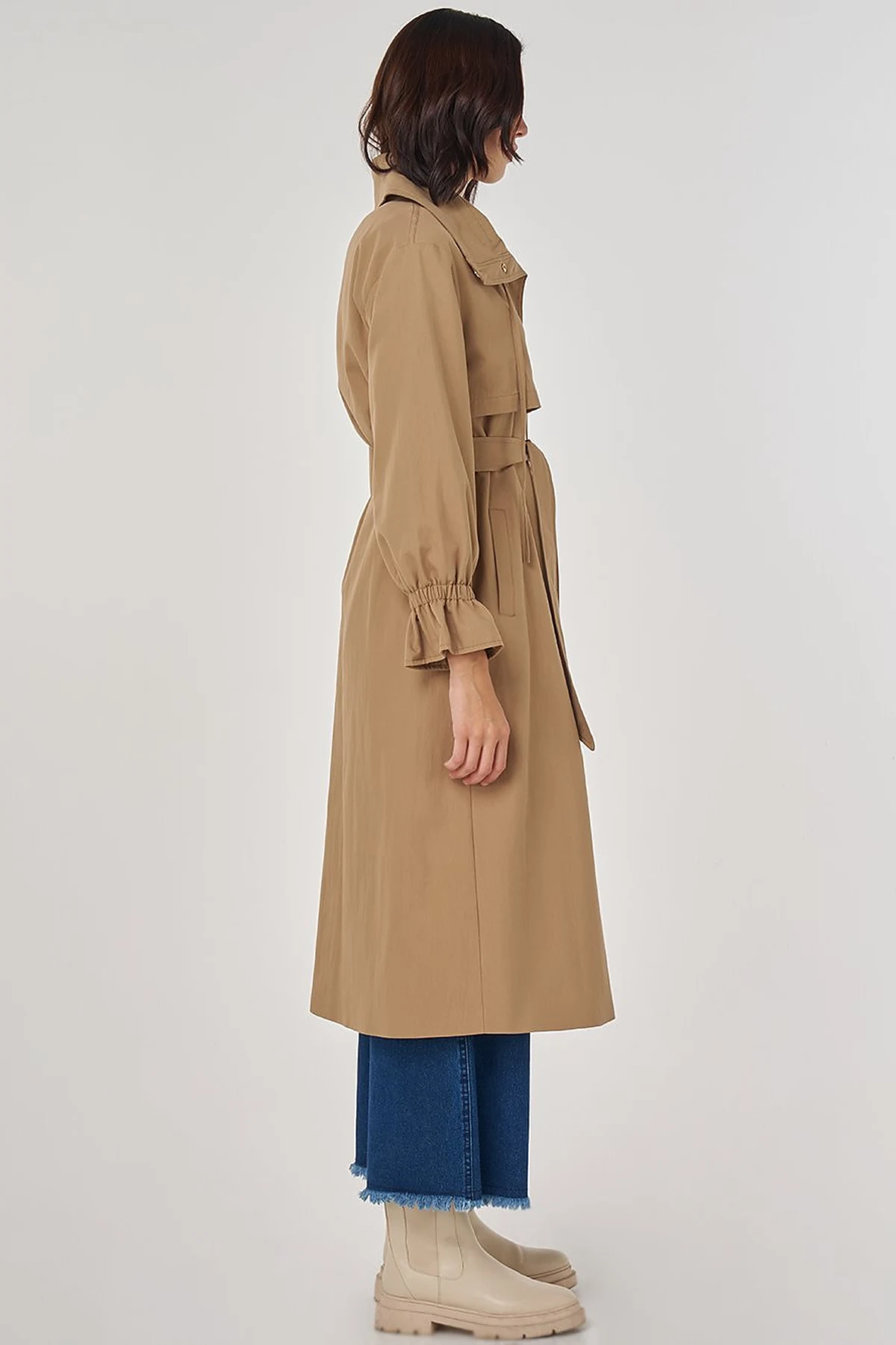 Cuff Detailed Long Trench Coat Beige