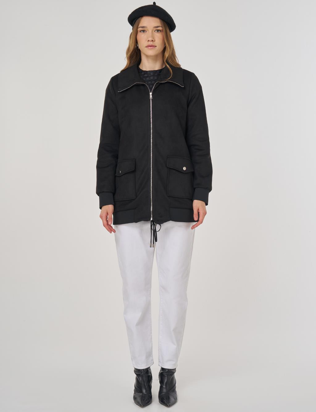 Fermuarlı Süet Ceket Siyah 