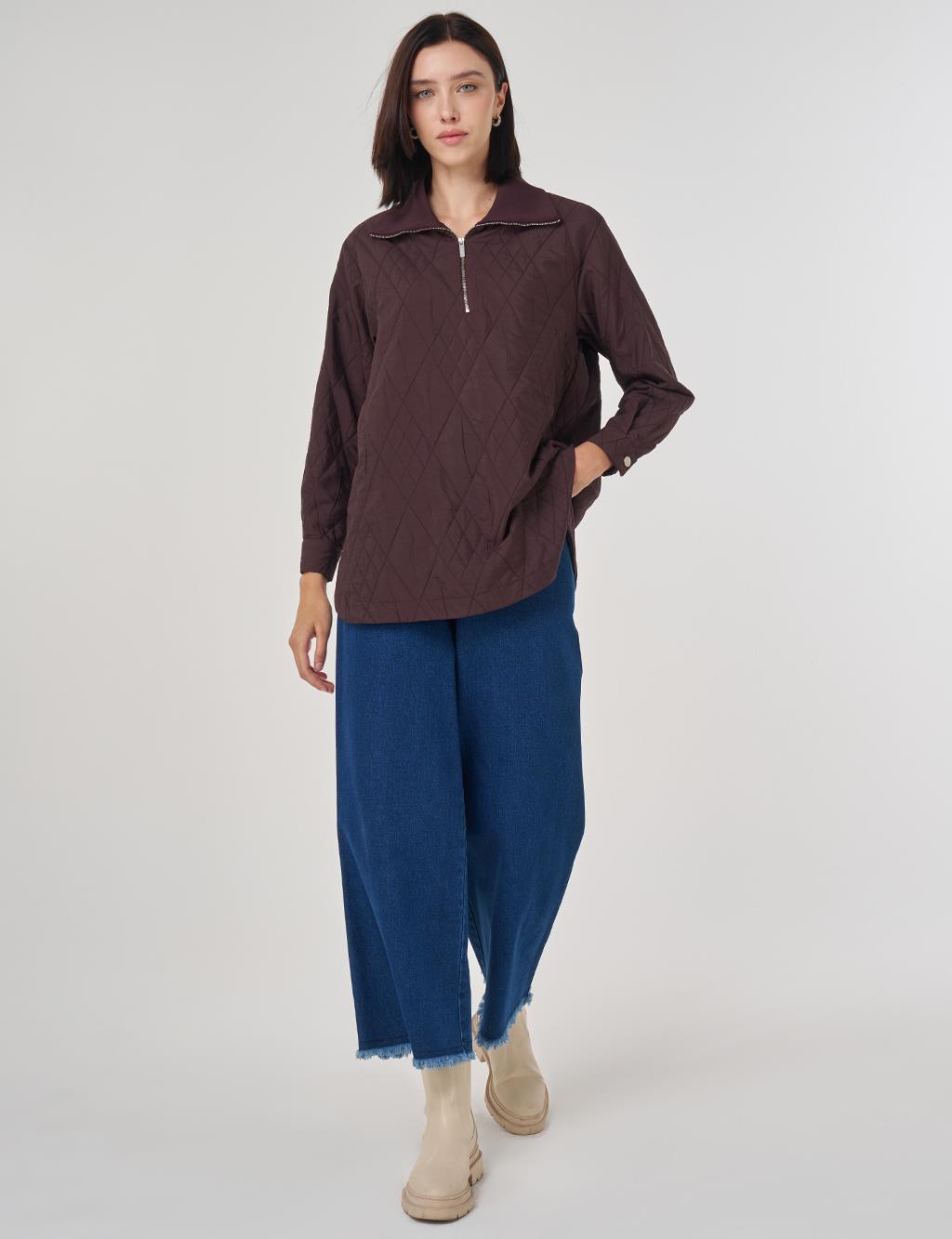 Geniş Yaka Kabartmalı Sweatshirt Koyu Bordo 