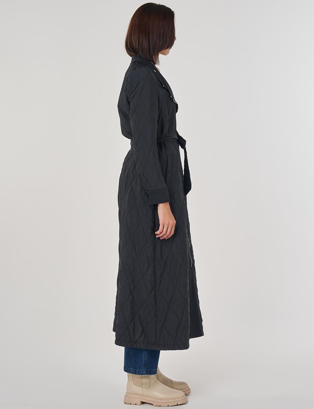 Kuşaklı Geniş Yaka Pardesü Siyah 