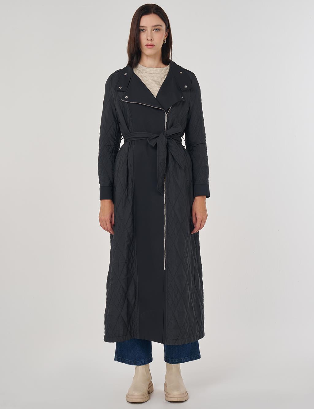 Kuşaklı Geniş Yaka Pardesü Siyah 