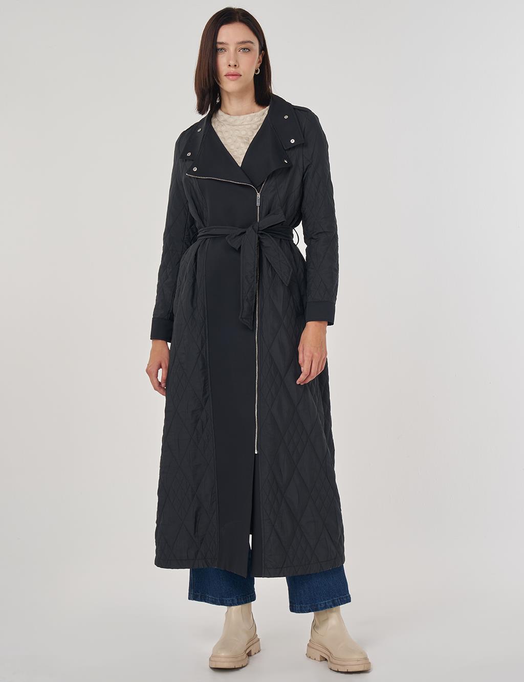 Kuşaklı Geniş Yaka Pardesü Siyah 