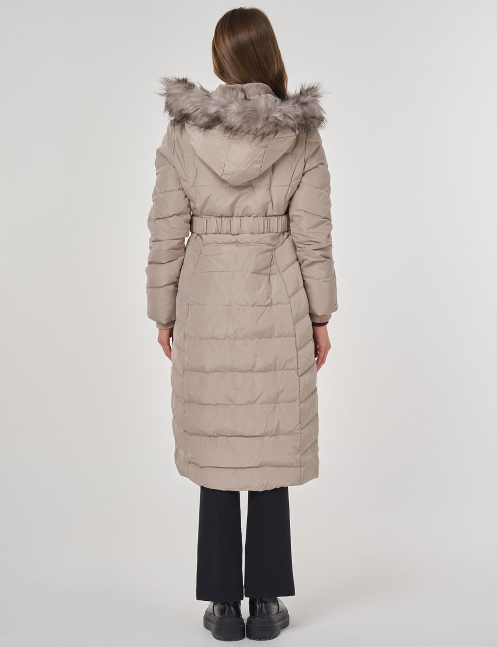 Faux Fur Trim Down Filled Coat Stone