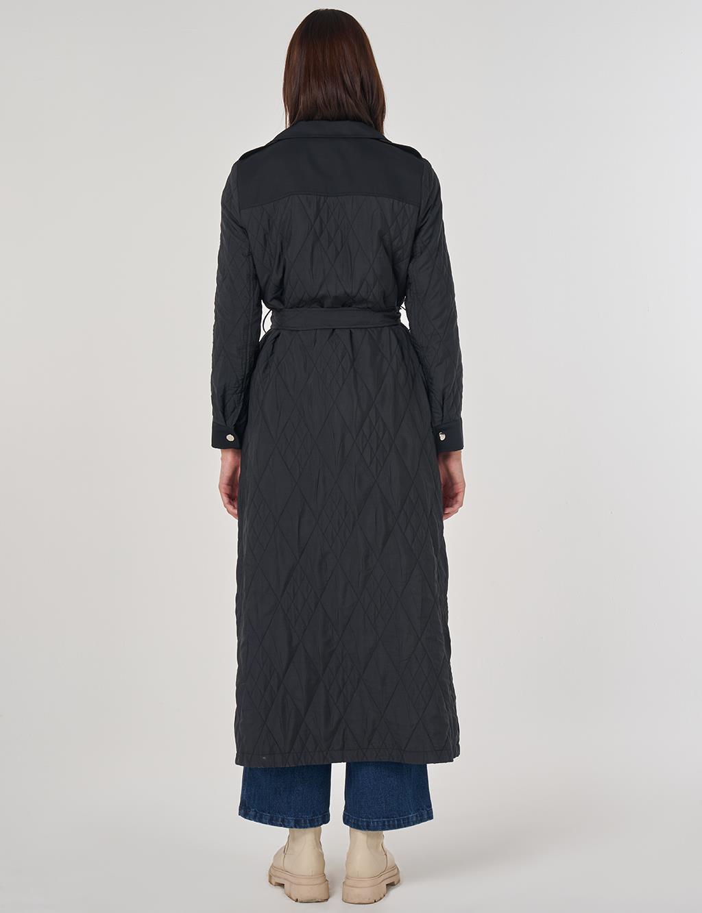 Kuşaklı Geniş Yaka Pardesü Siyah 