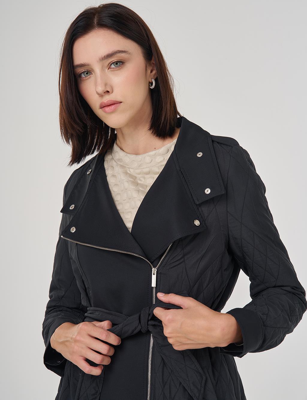 Kuşaklı Geniş Yaka Pardesü Siyah 