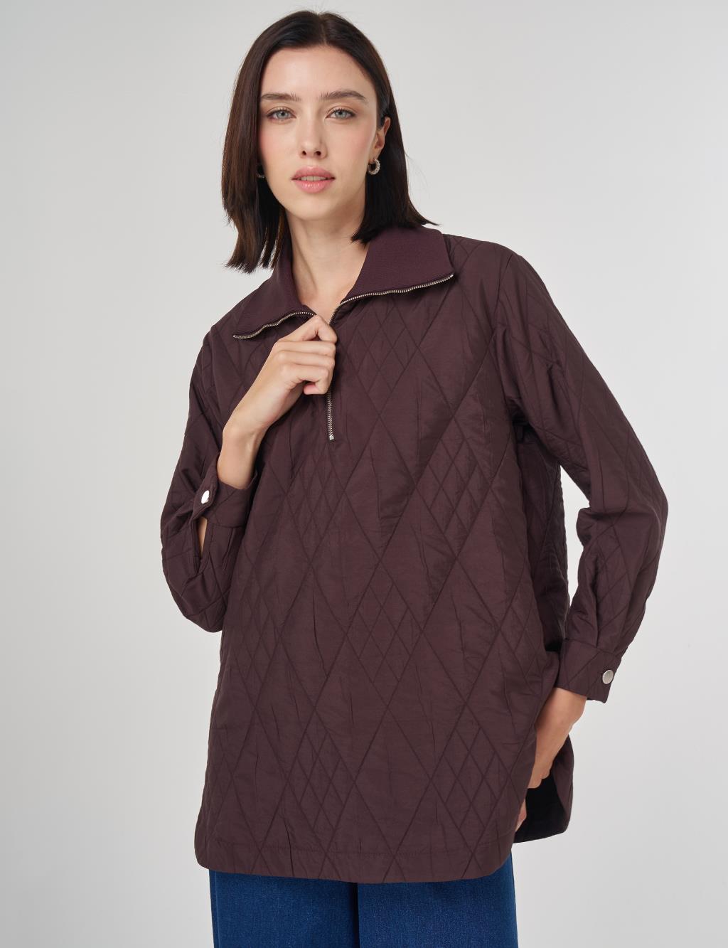 Geniş Yaka Kabartmalı Sweatshirt Koyu Bordo 