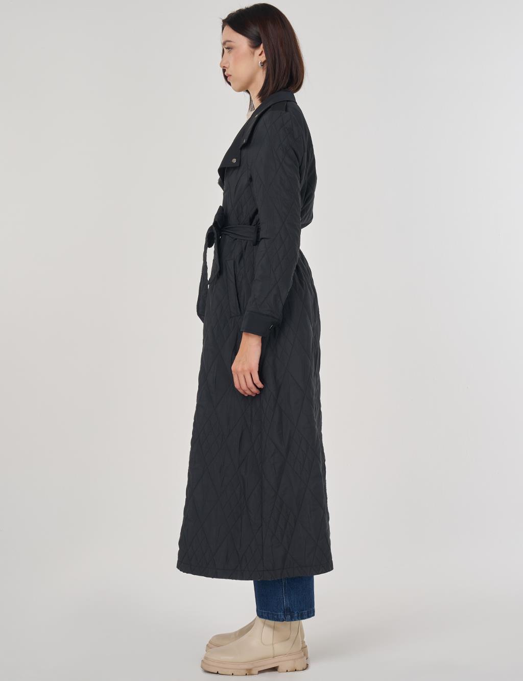 Kuşaklı Geniş Yaka Pardesü Siyah 