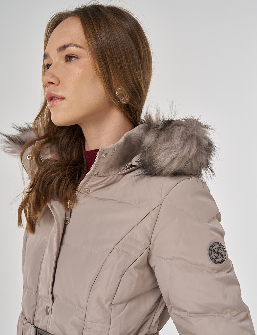 Faux Fur Trim Down Filled Coat Stone