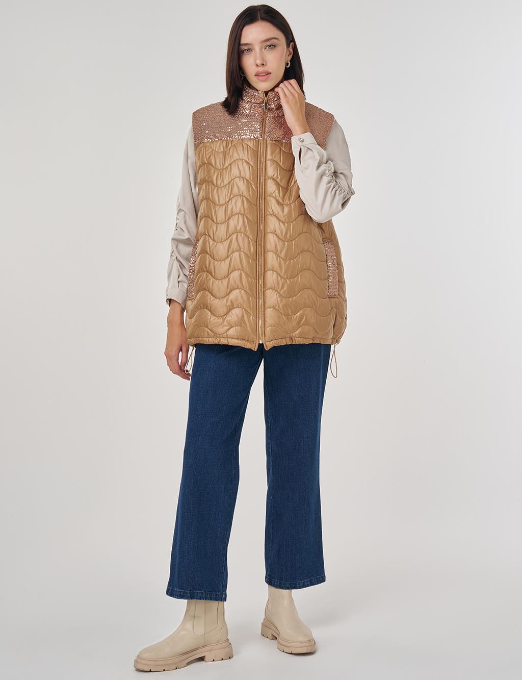Sequin Detailed Puffer Vest Camel