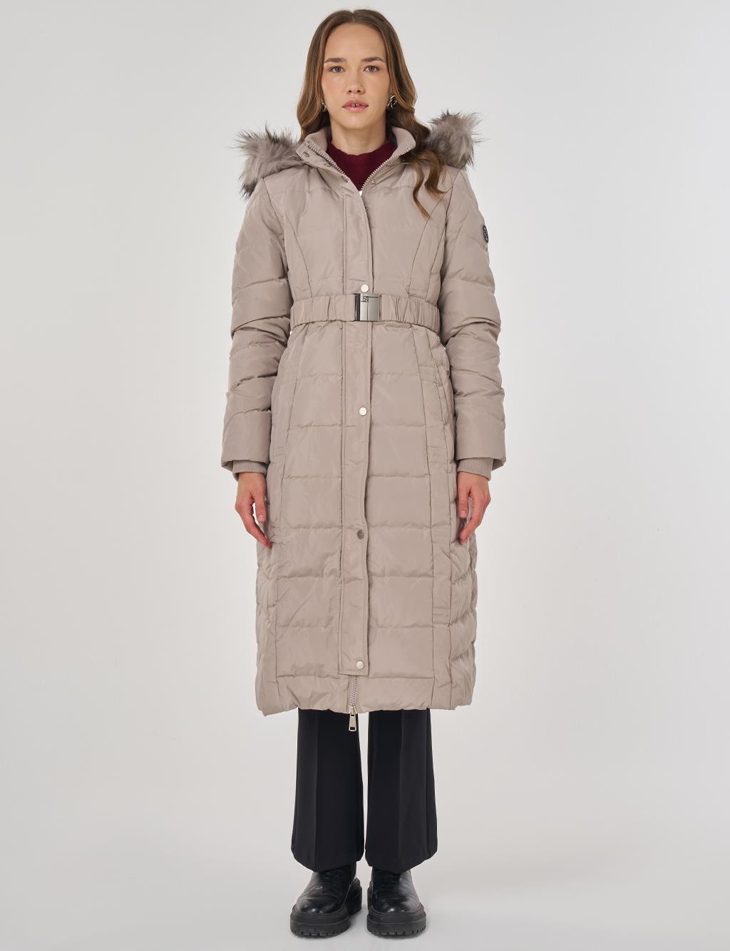 Faux Fur Trim Down Filled Coat Stone