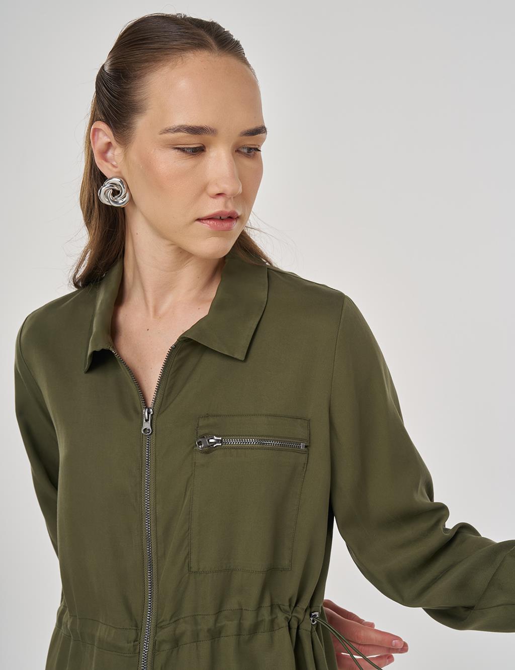 100% Lyocell Drawstring Waist Tunic Khaki
