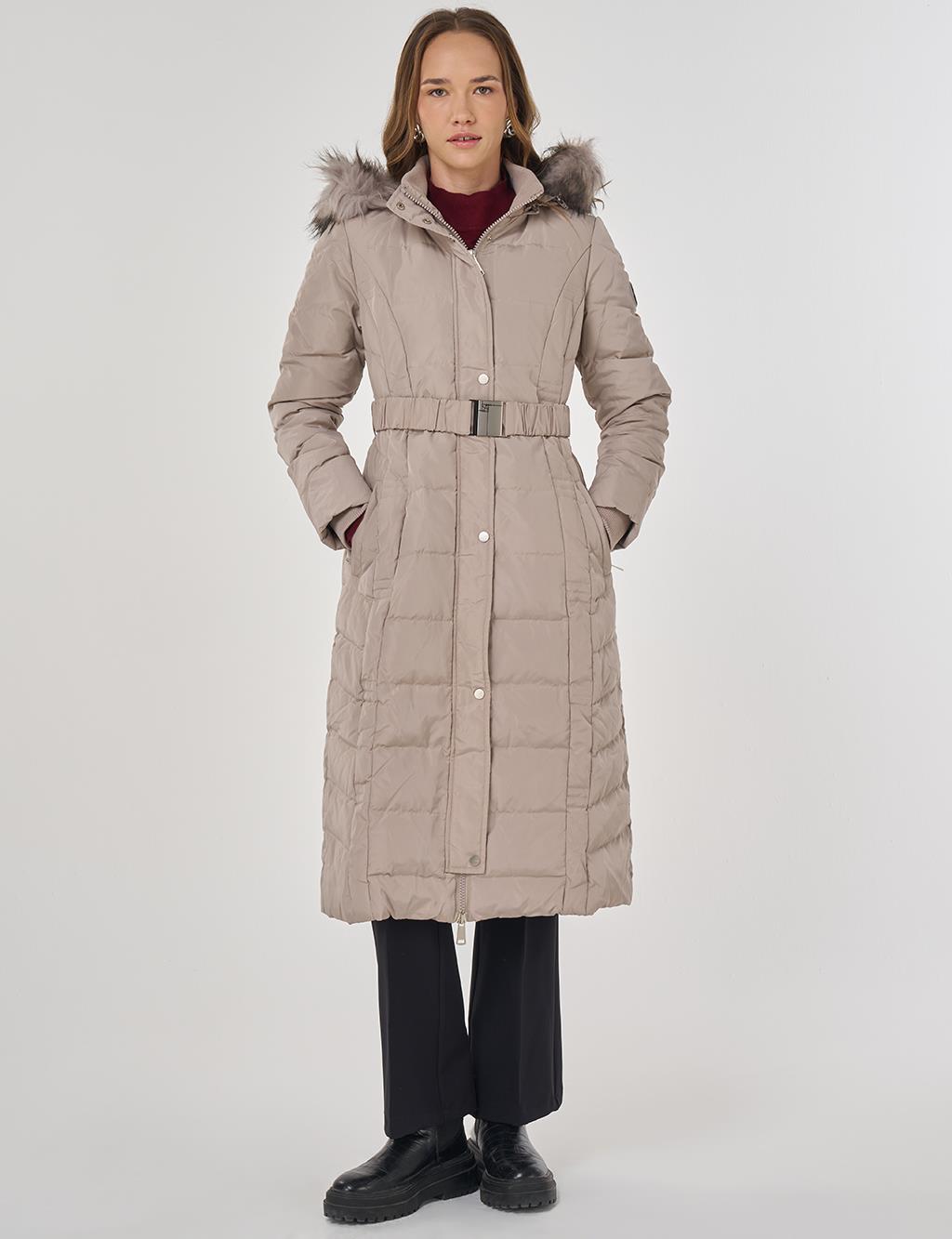 Faux Fur Trim Down Filled Coat Stone