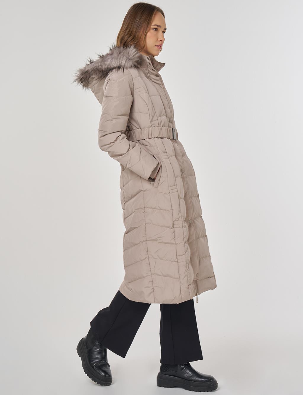 Faux Fur Trim Down Filled Coat Stone