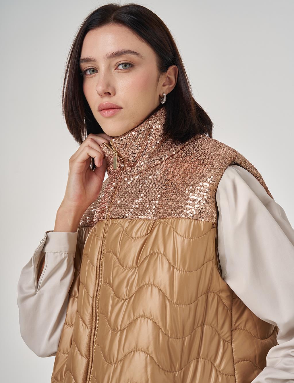 Sequin Detailed Puffer Vest Camel
