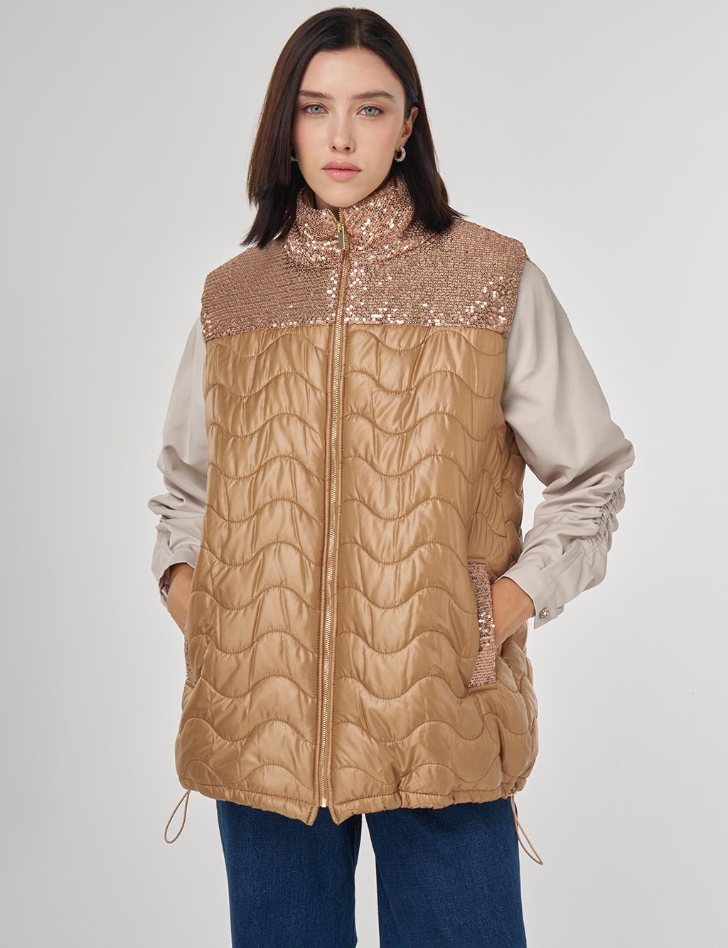 Sequin Detailed Puffer Vest Camel