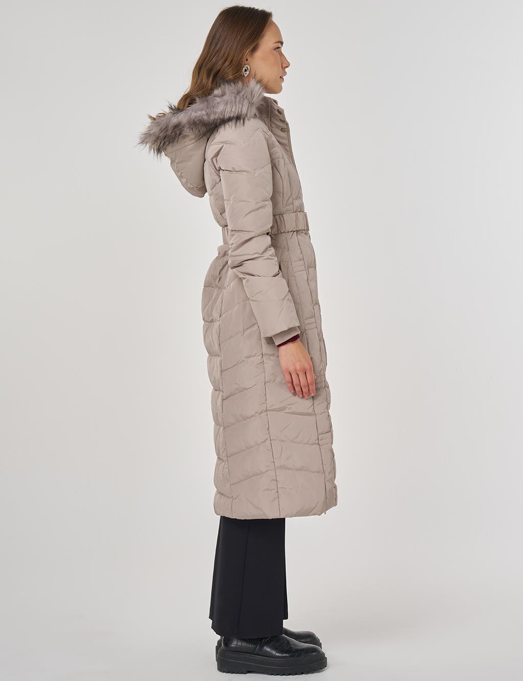 Faux Fur Trim Down Filled Coat Stone