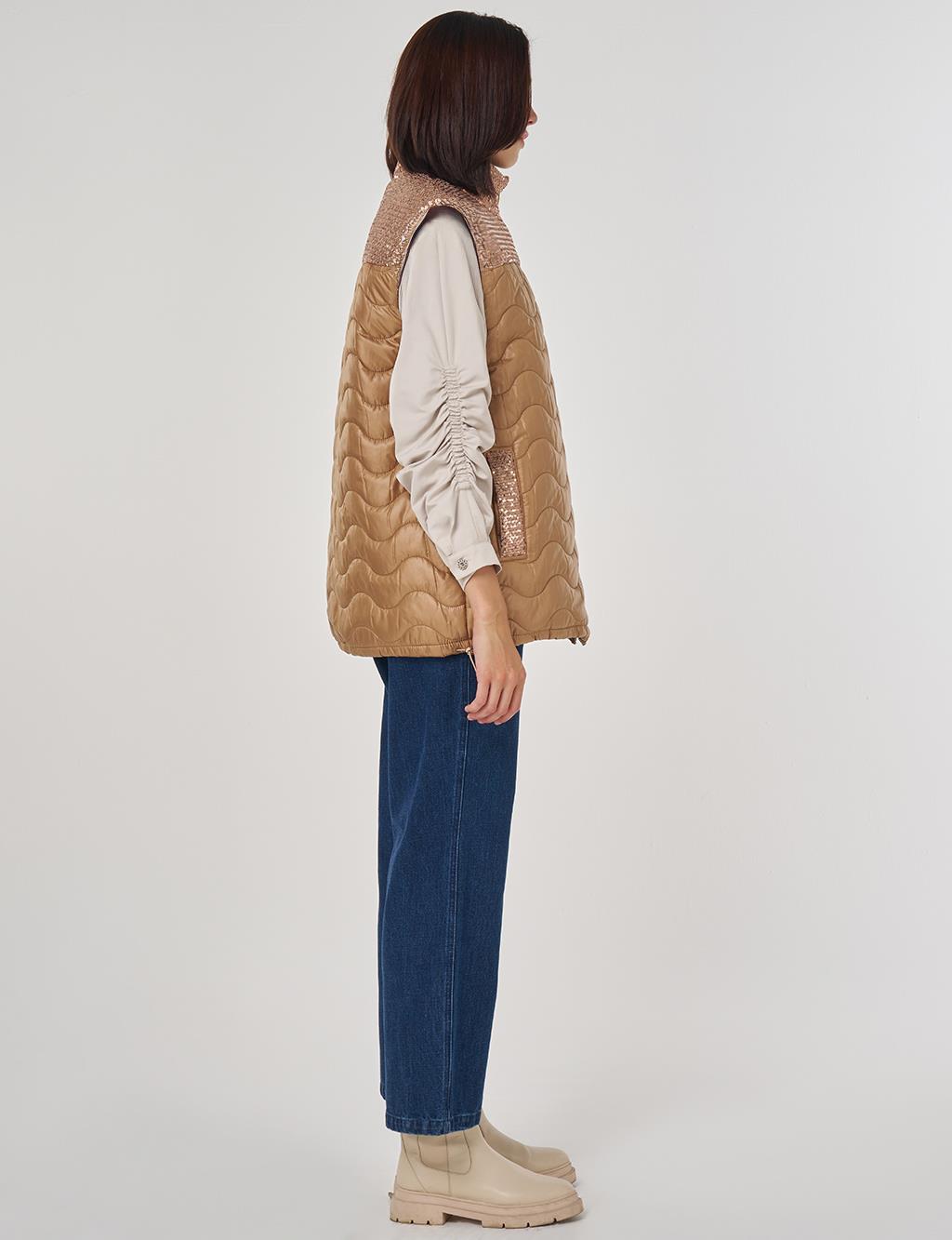 Sequin Detailed Puffer Vest Camel