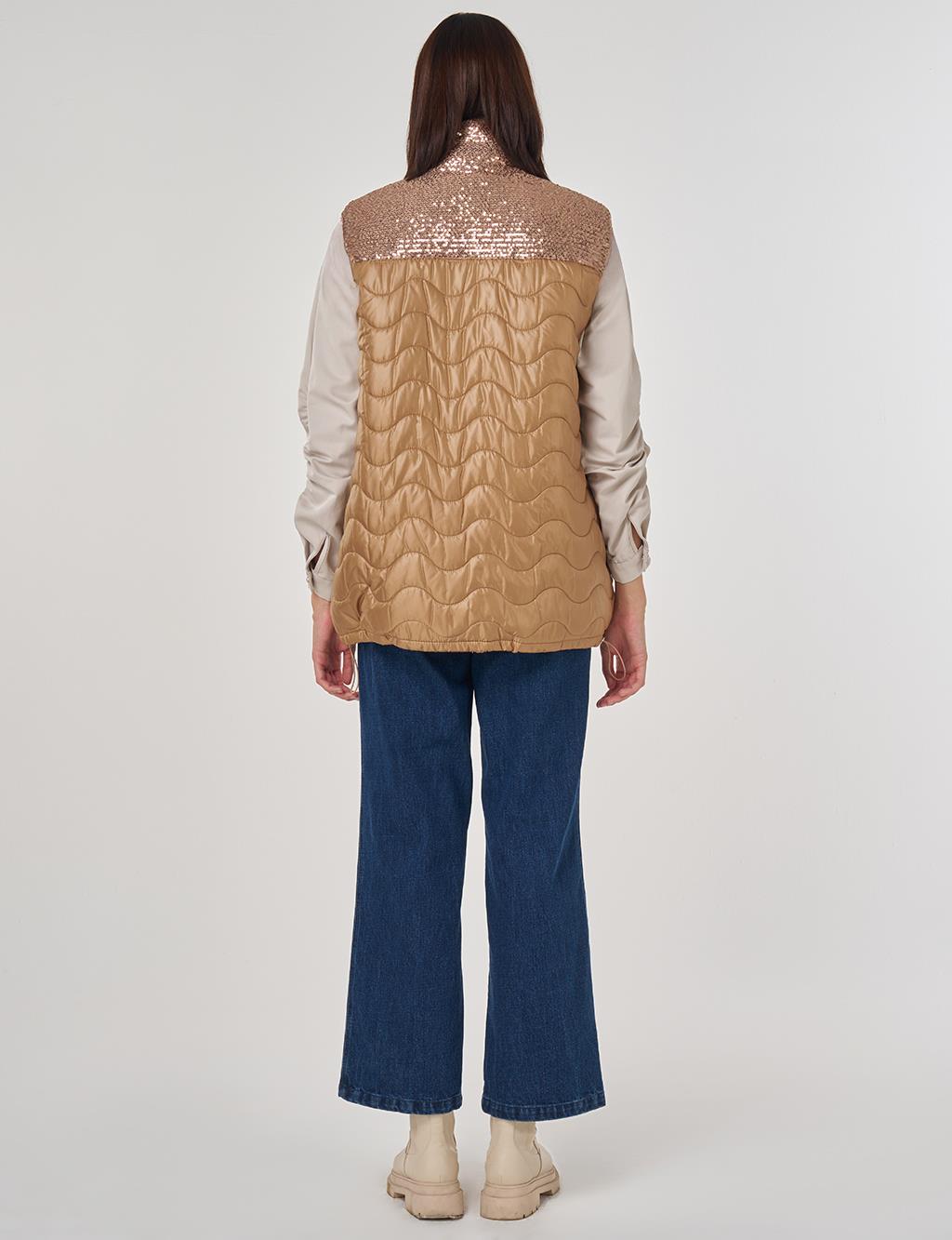 Sequin Detailed Puffer Vest Camel