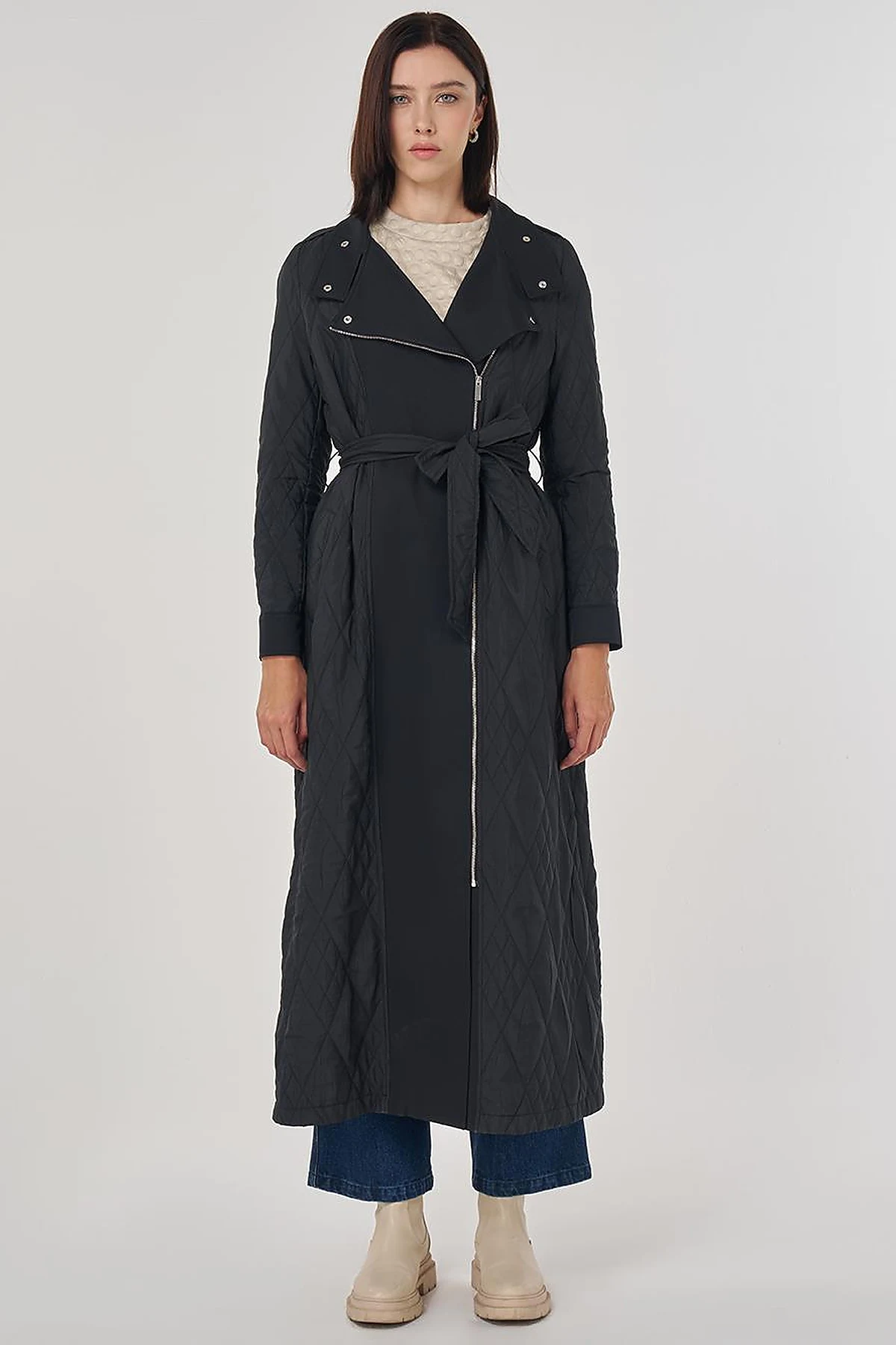 Belted Wide Collar Overcoat Black