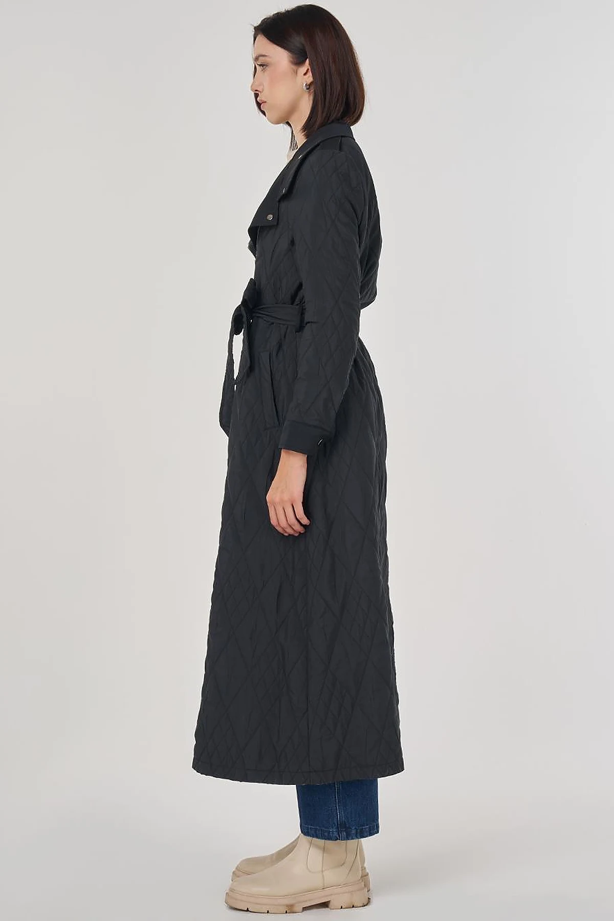 Belted Wide Collar Overcoat Black