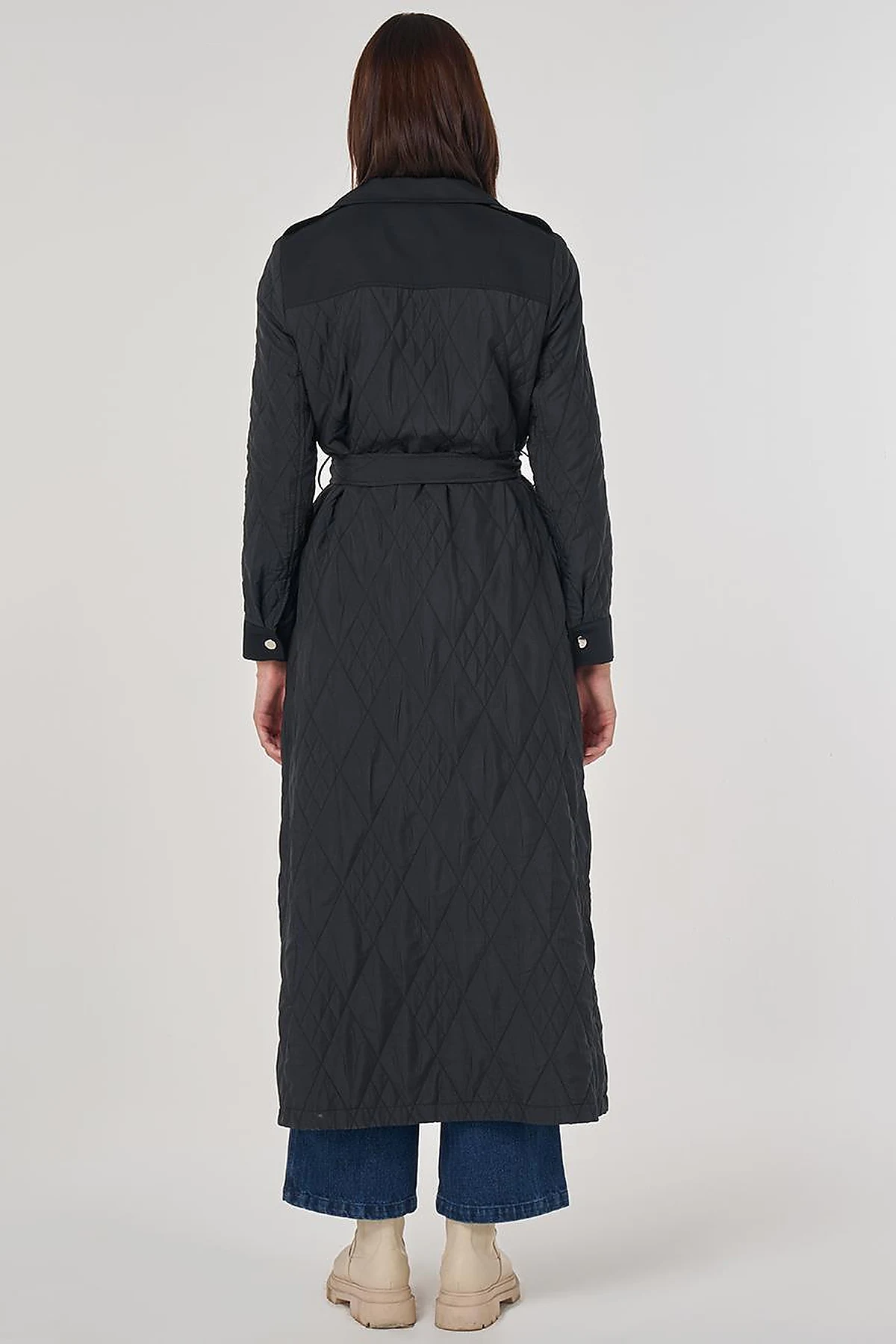Belted Wide Collar Overcoat Black
