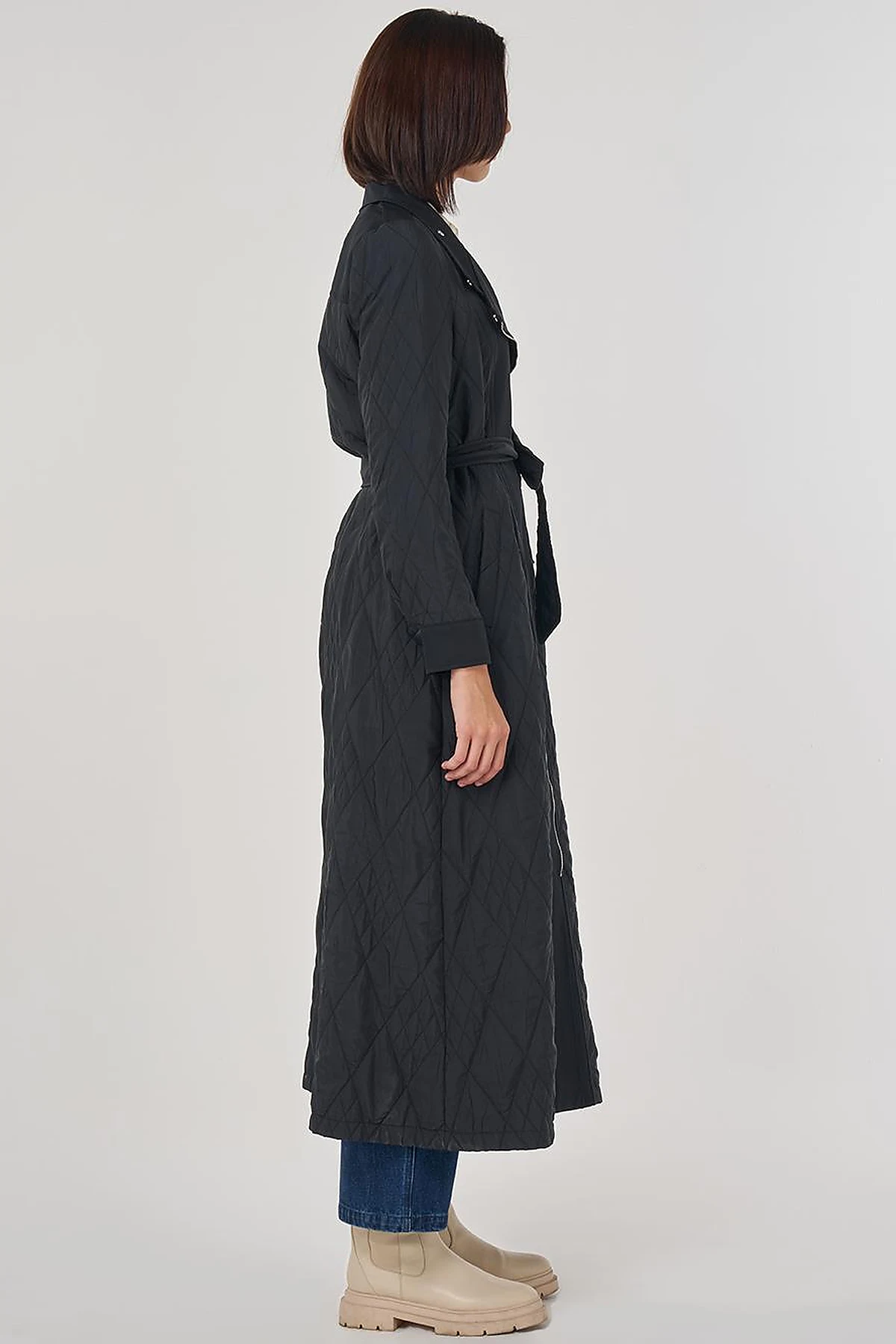 Belted Wide Collar Overcoat Black