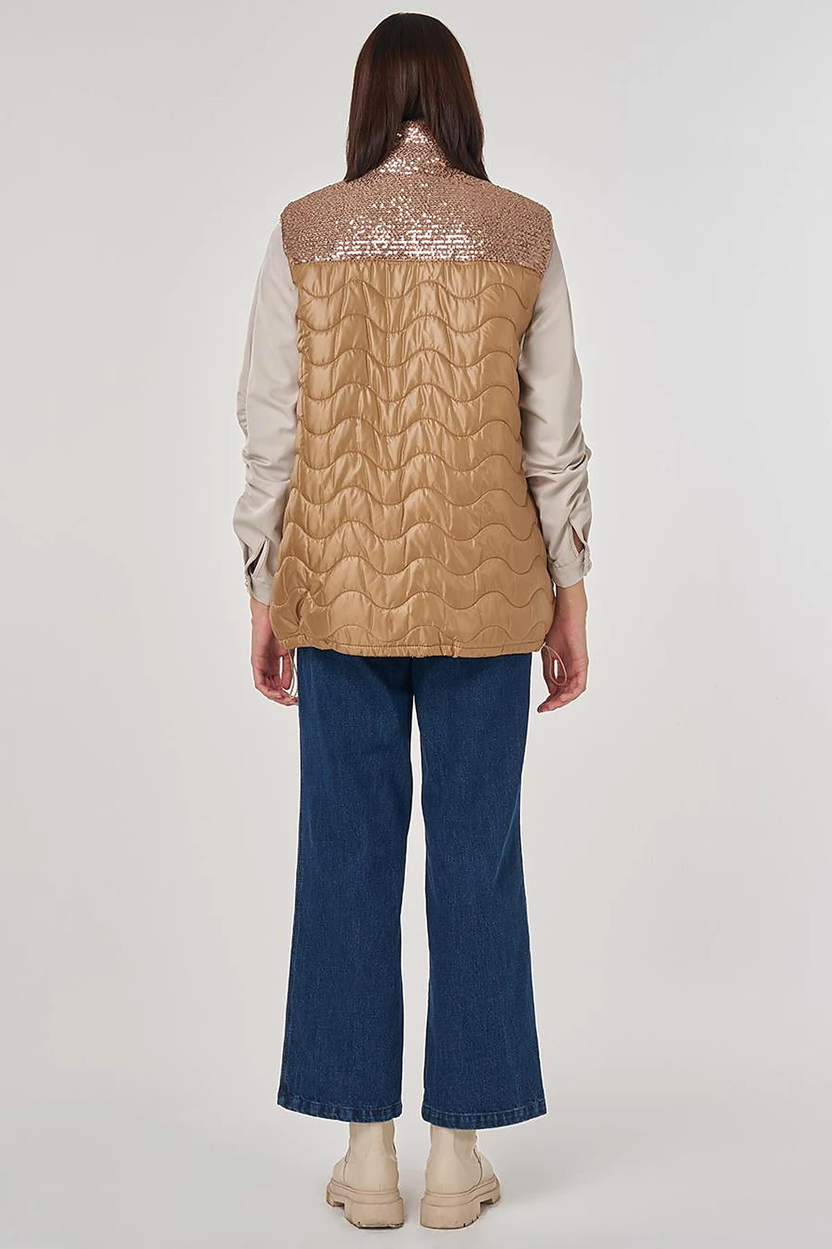 Sequin Detailed Puffer Vest Camel