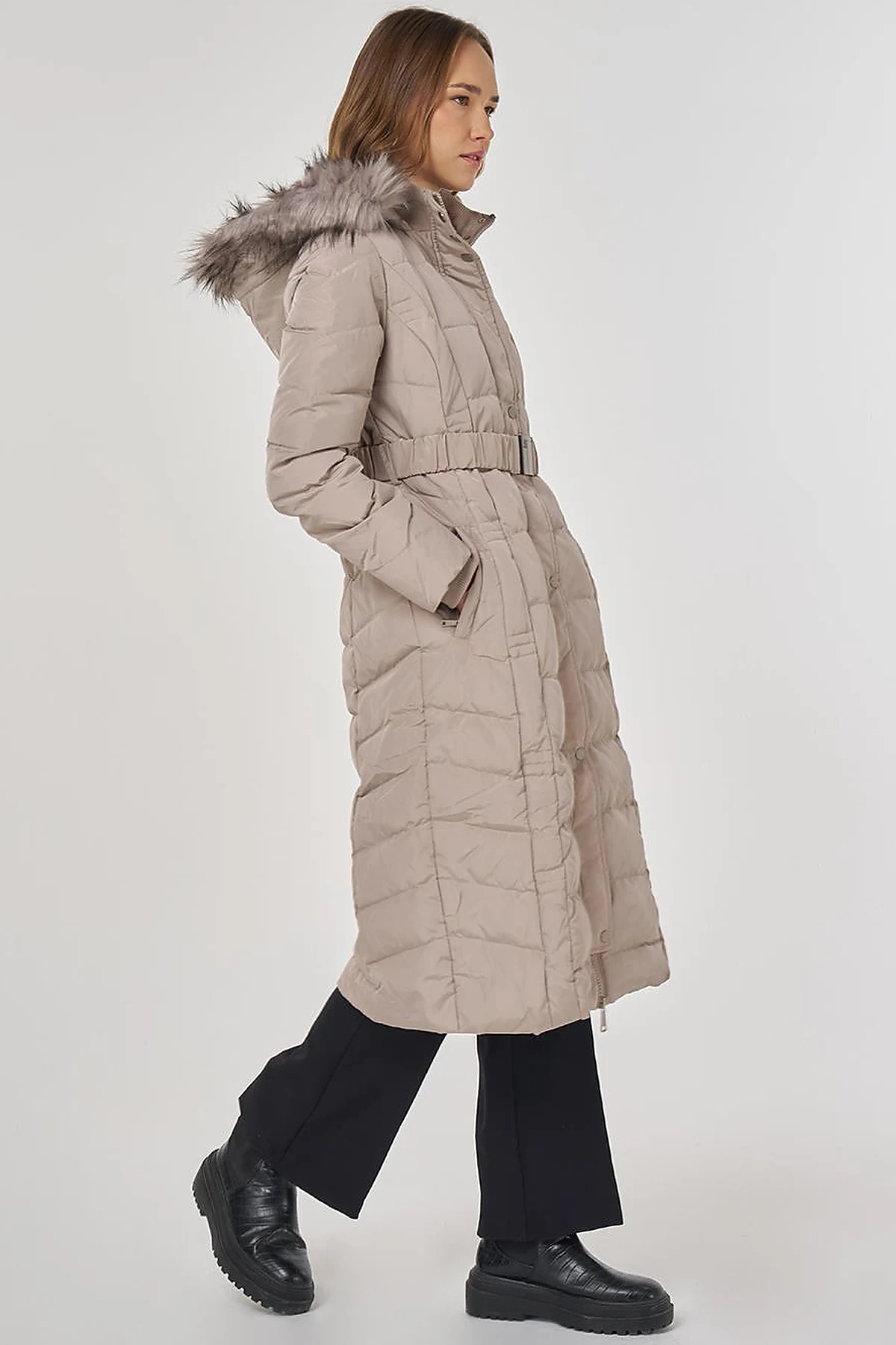 Faux Fur Trim Down Filled Coat Stone