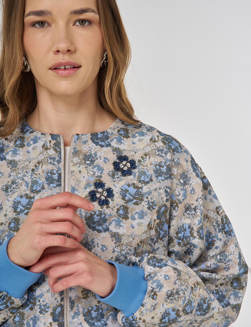 Çiçek Desen Jakarlı Ceket Haki