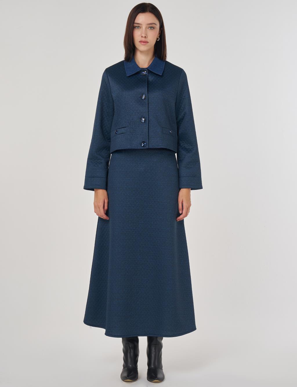 Embossed Pattern Skirted Set Dark Navy