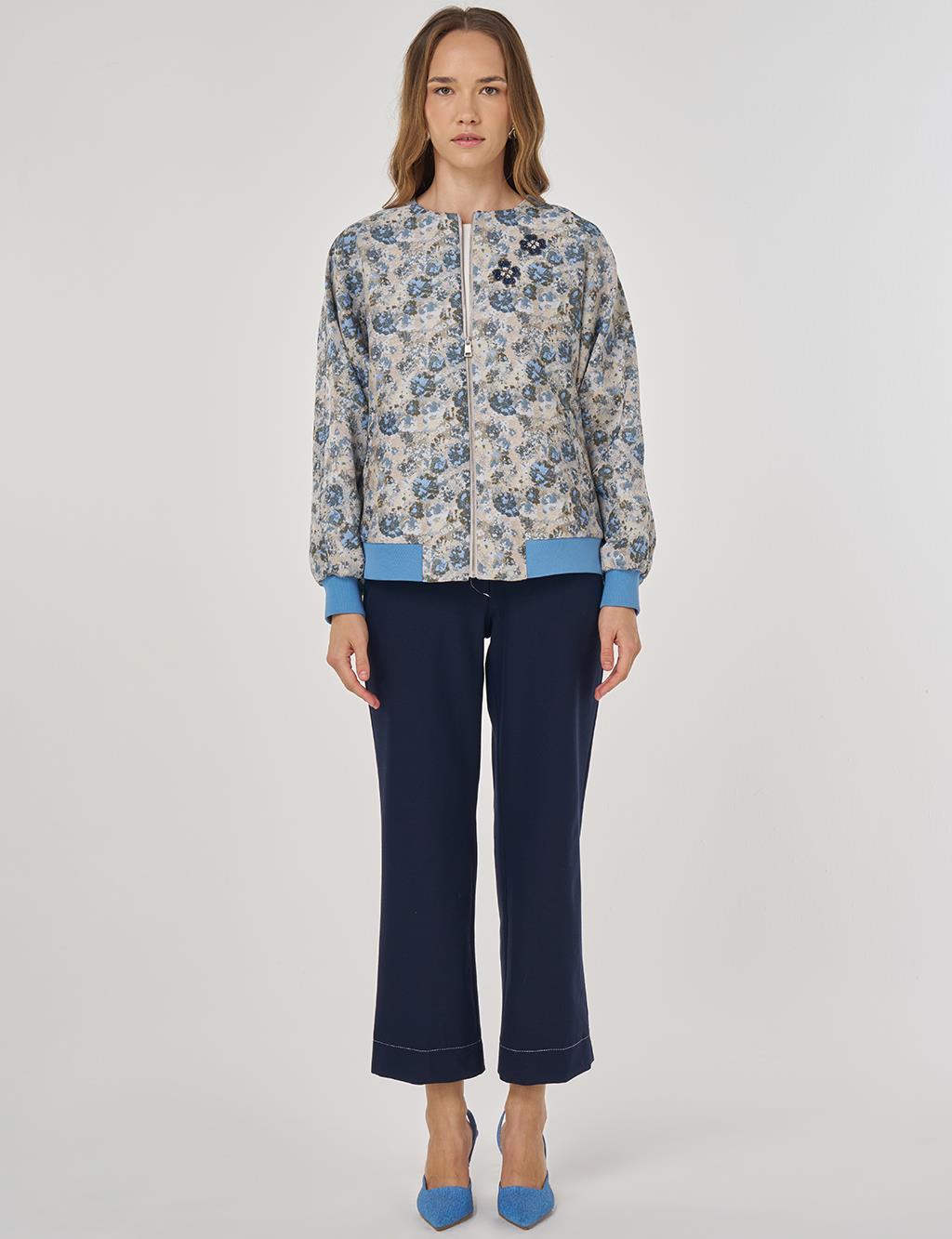 Çiçek Desen Jakarlı Ceket Haki